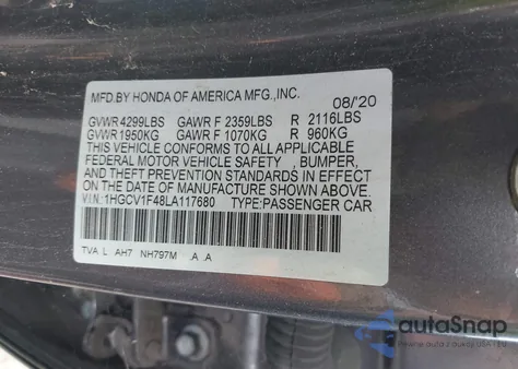 2020 Honda Accord Ex z USA, uszkodzony, nr VIN 1HGCV1F48LA117680